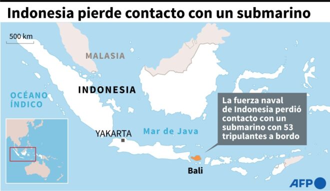 Submarino indonesio desaparecido con 53 personas a bordo en costas de Bali