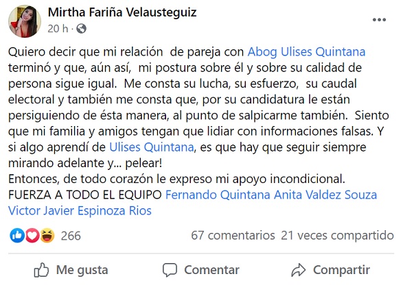 Vetada por EE.UU. niega relación sentimental con Ulises Quintana