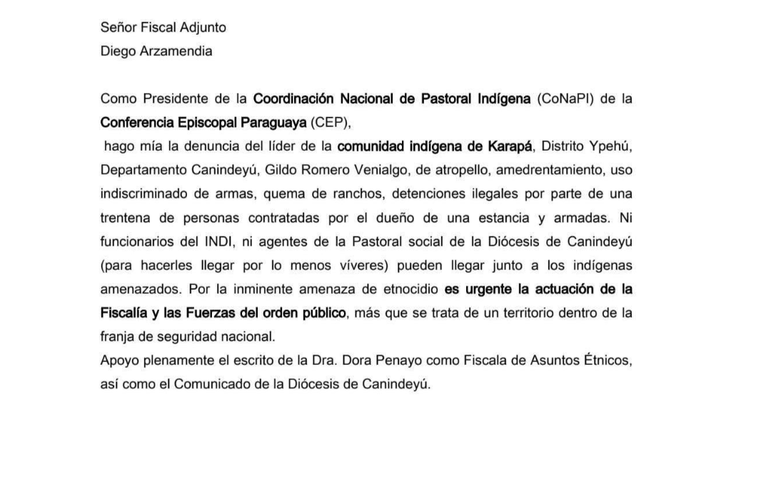 Obispo denuncia “amenaza de etnocidio” y pide presencia fiscal